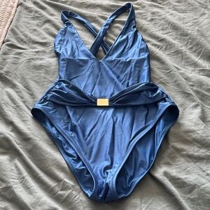 L'AGENCE Slate Blue One-Piece Swimsuit with Knotted Waist Plaque